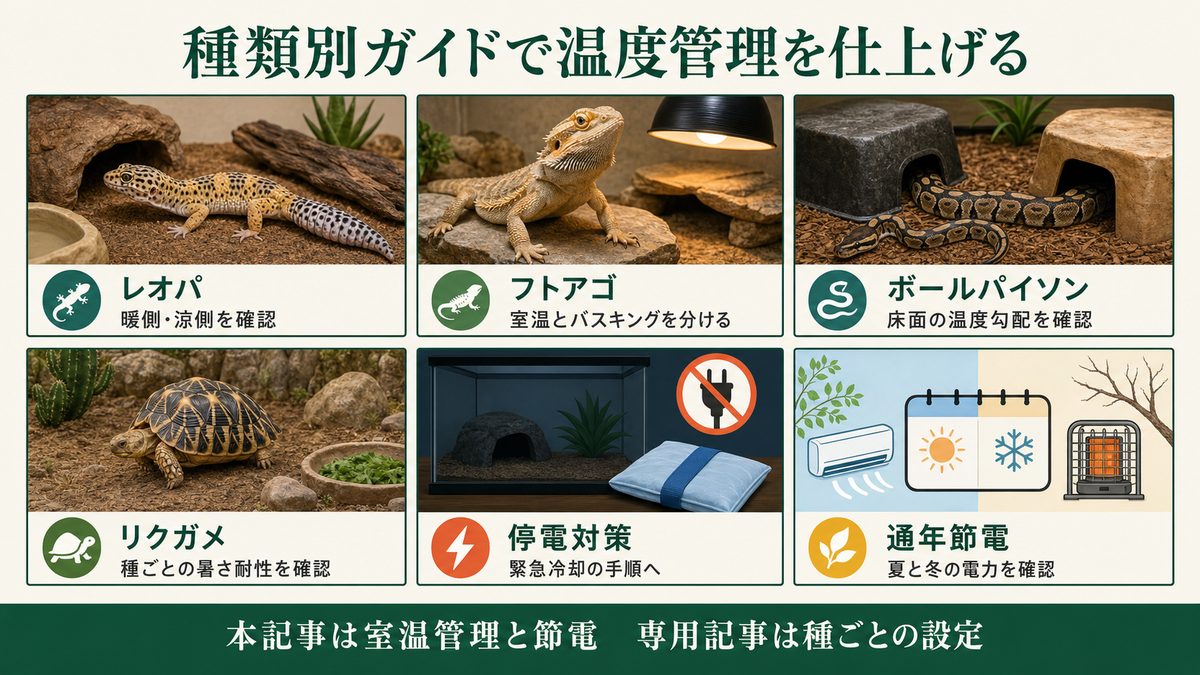 レオパ・フトアゴ・ボールパイソン・リクガメと停電・通年節電のガイド図