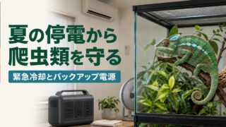 夏の停電時に爬虫類を守る緊急冷却とバックアップ電源のアイキャッチ