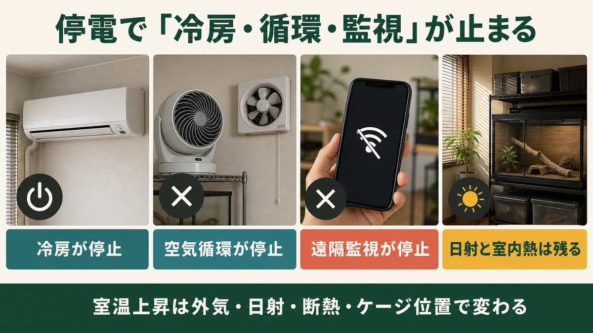 停電で冷房・空気循環・遠隔監視が停止し、日射と室内熱が残ることを示す図