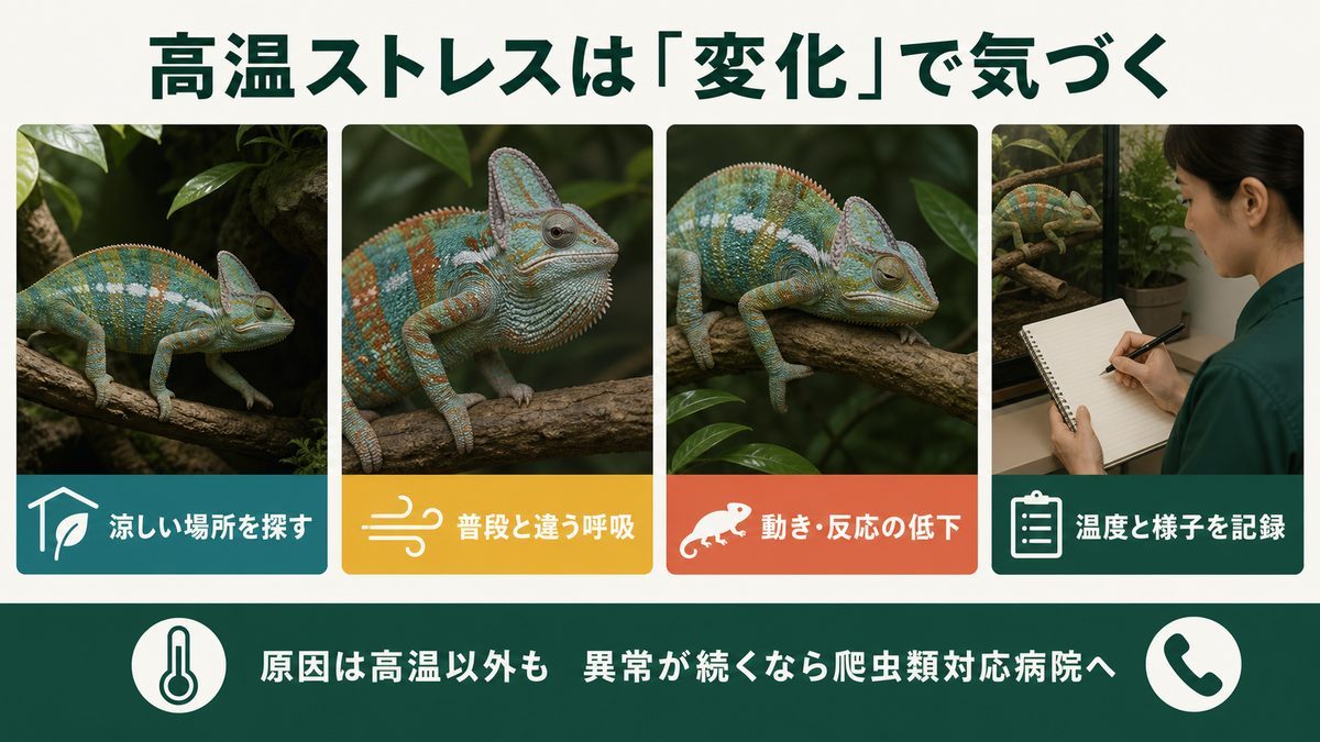 爬虫類の高温ストレスを行動・呼吸・反応の変化から観察するポイントの図