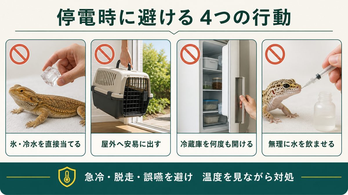 夏の停電時に避ける急冷・屋外移動・冷蔵庫の開閉・無理な給水の図