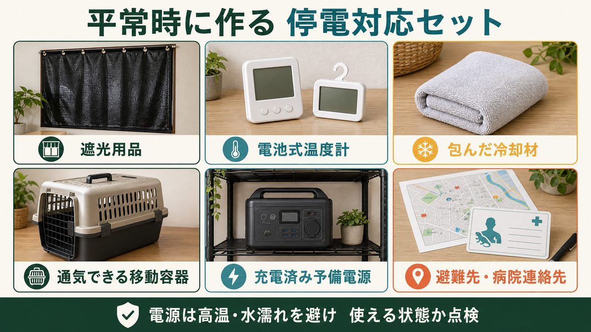 遮光用品・温度計・冷却材・移動容器・予備電源・連絡先の停電対応セット