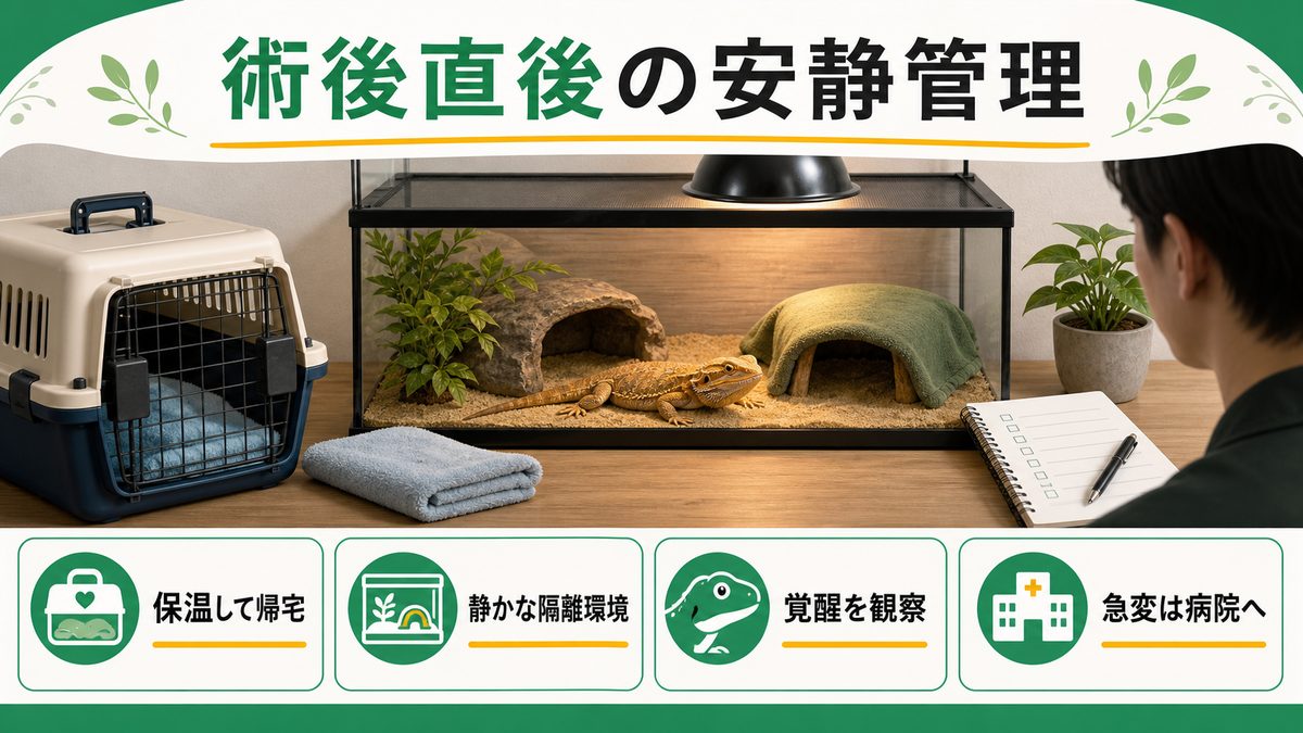 術後直後（0〜24時間）の緊急管理の要点をまとめたカメレオン・爬虫類飼育インフォグラフィック