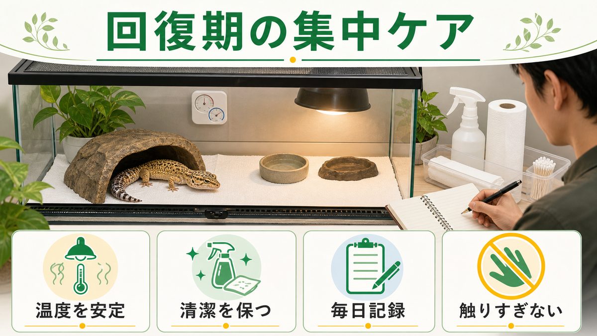 術後1週間の集中ケアの要点をまとめたカメレオン・爬虫類飼育インフォグラフィック