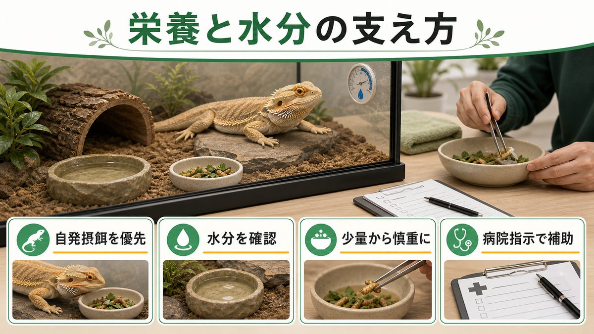 栄養補給と強制給餌の要点をまとめたカメレオン・爬虫類飼育インフォグラフィック