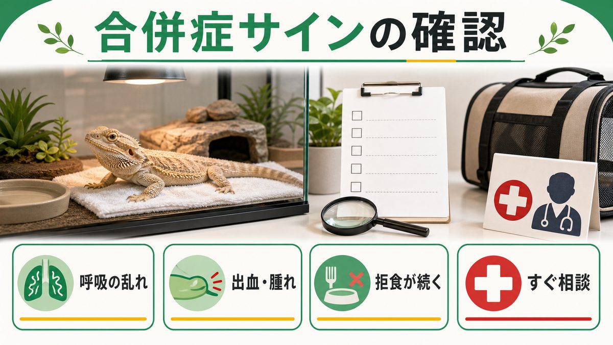 合併症の早期サインを見逃すなの要点をまとめたカメレオン・爬虫類飼育インフォグラフィック