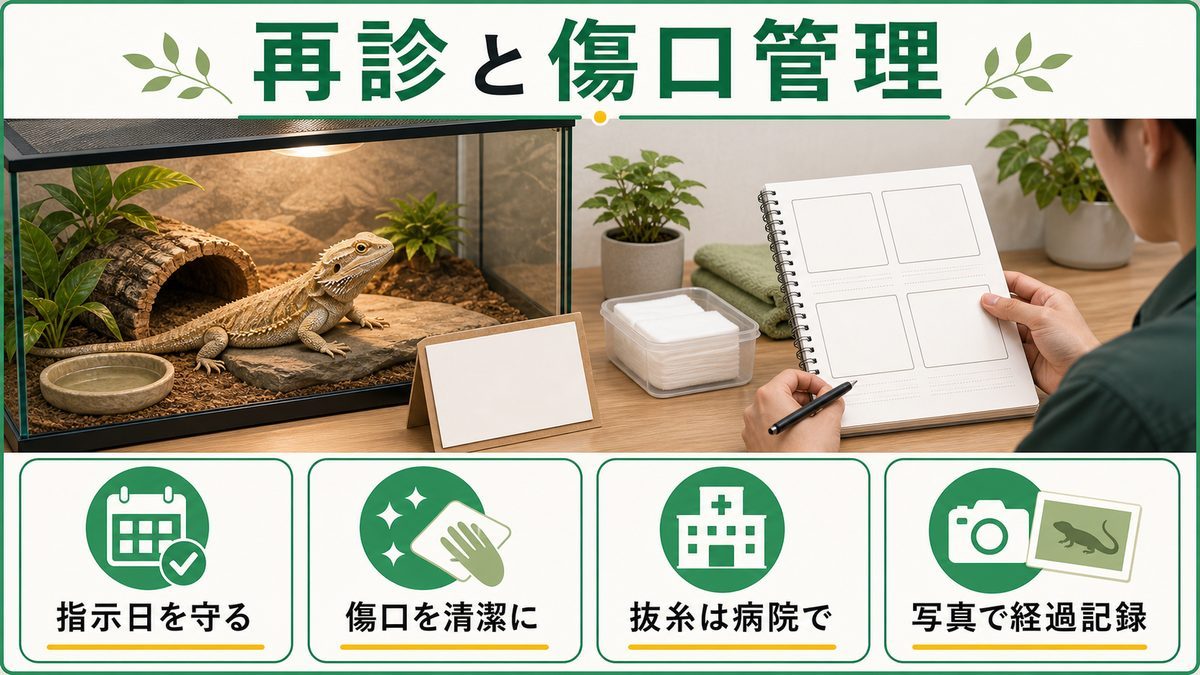 再診タイミングと抜糸管理の要点をまとめたカメレオン・爬虫類飼育インフォグラフィック