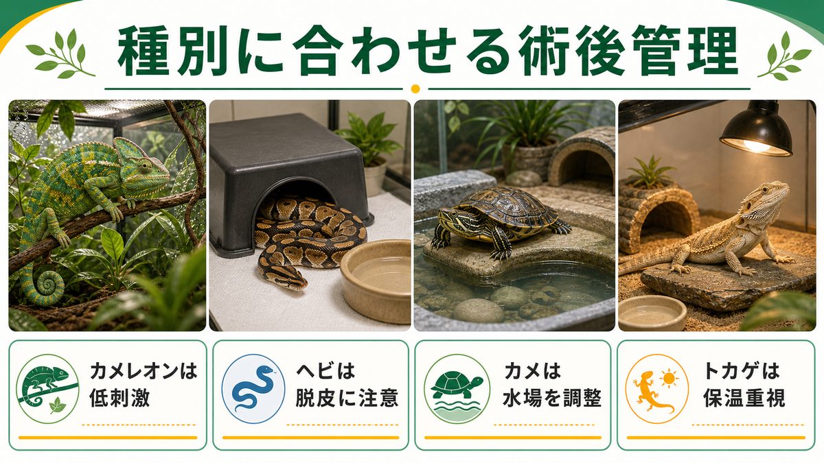 種別注意事項：カメレオン・ヘビ・カメ・トカゲの要点をまとめたカメレオン・爬虫類飼育インフォグラフィック