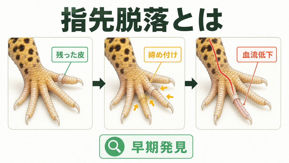 残った皮が指先を締め付けて血流低下につながる流れの図解