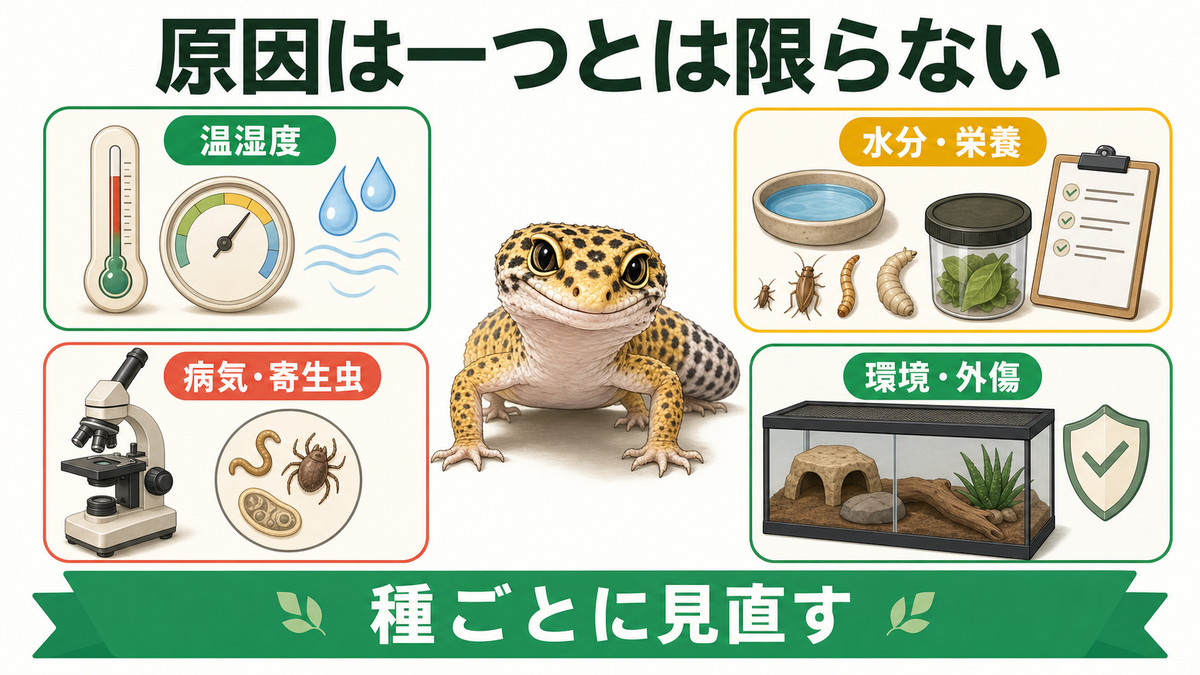 爬虫類の脱皮不全に関わる温湿度・栄養・病気・環境要因の図解