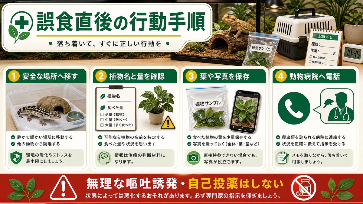 応急処置と動物病院受診——誤食直後の正しい行動手順の要点をまとめたカメレオン・爬虫類飼育インフォグラフィック