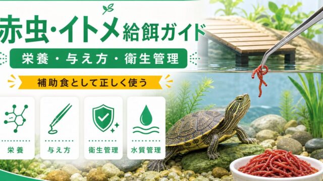 赤虫・イトメを水棲爬虫類の餌に！完全ガイド｜チズガメ・水棲カメ・水棲ヘビへの栄養・与え方・注意点を徹底解説の要点を伝えるカメレオン・爬虫類記事アイキャッチ画像