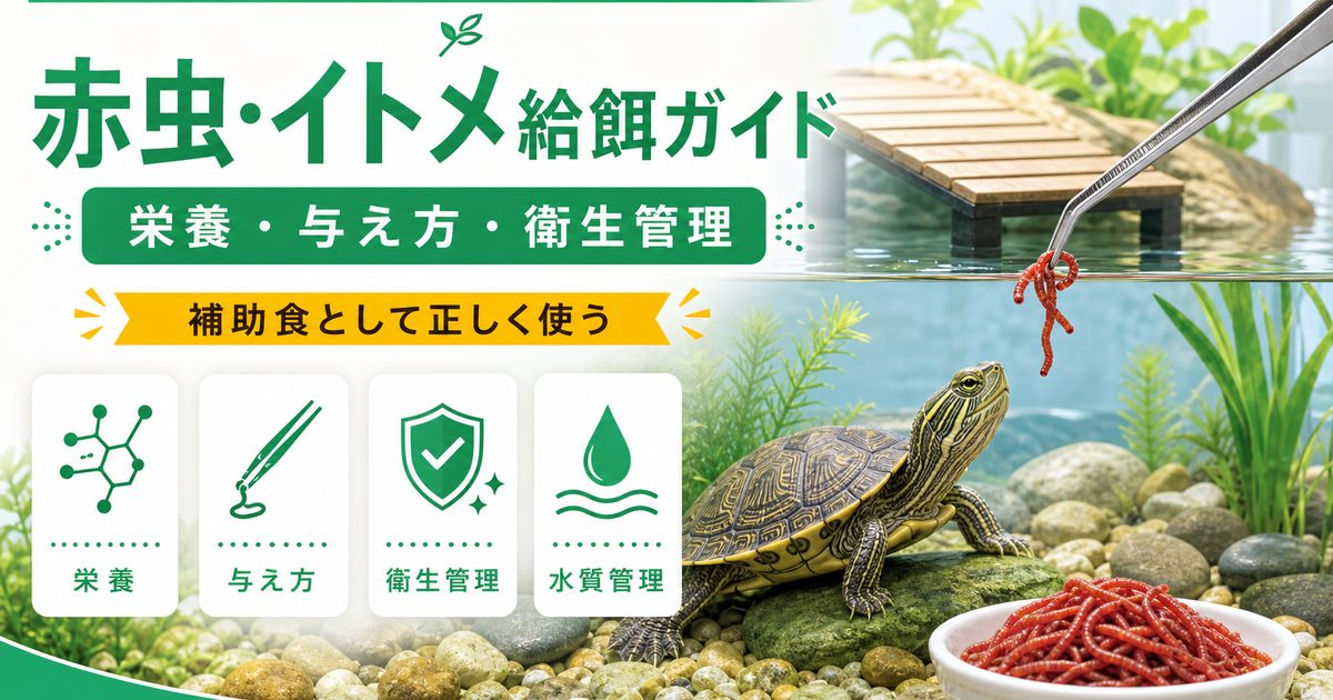 赤虫・イトメを水棲爬虫類の餌に！完全ガイド｜チズガメ・水棲カメ・水棲ヘビへの栄養・与え方・注意点を徹底解説の要点を伝えるカメレオン・爬虫類記事アイキャッチ画像