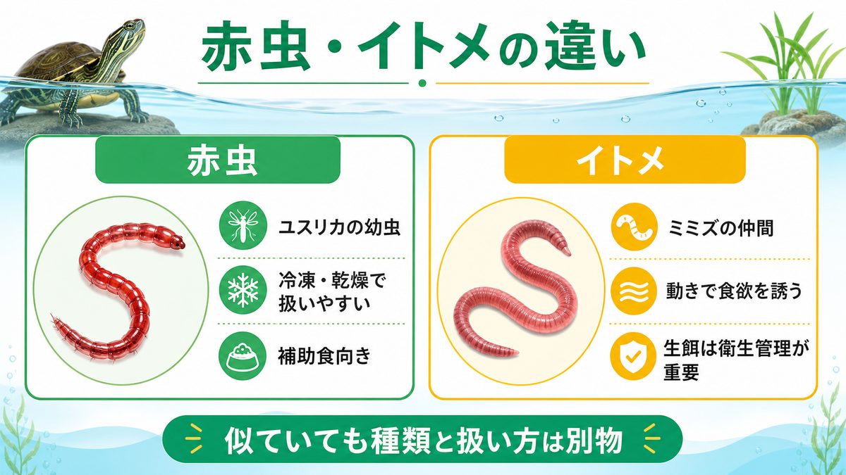 赤虫・イトメとは何か？種類と特性を理解しようの要点をまとめたカメレオン・爬虫類飼育インフォグラフィック