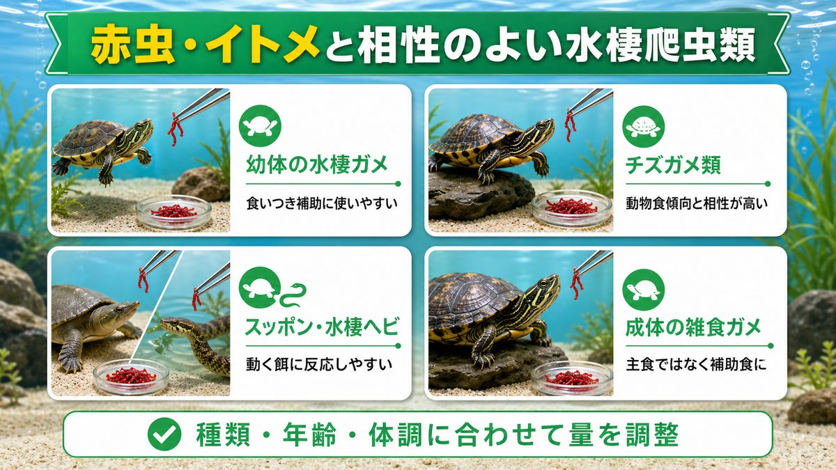 赤虫・イトメを食べる水棲爬虫類の種類と相性の要点をまとめたカメレオン・爬虫類飼育インフォグラフィック