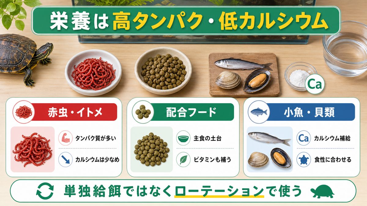 赤虫・イトメの栄養成分と他の餌との比較の要点をまとめたカメレオン・爬虫類飼育インフォグラフィック