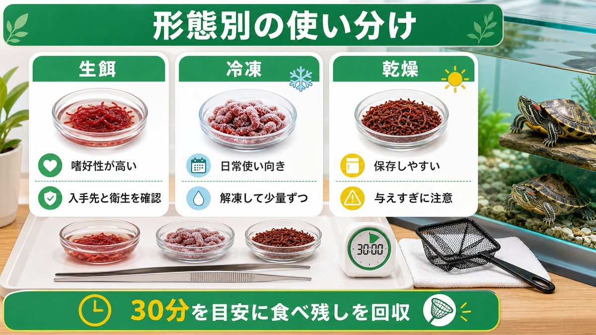 赤虫・イトメの与え方のコツ｜生・冷凍・乾燥の使い分けと適切な量・頻度の要点をまとめたカメレオン・爬虫類飼育インフォグラフィック