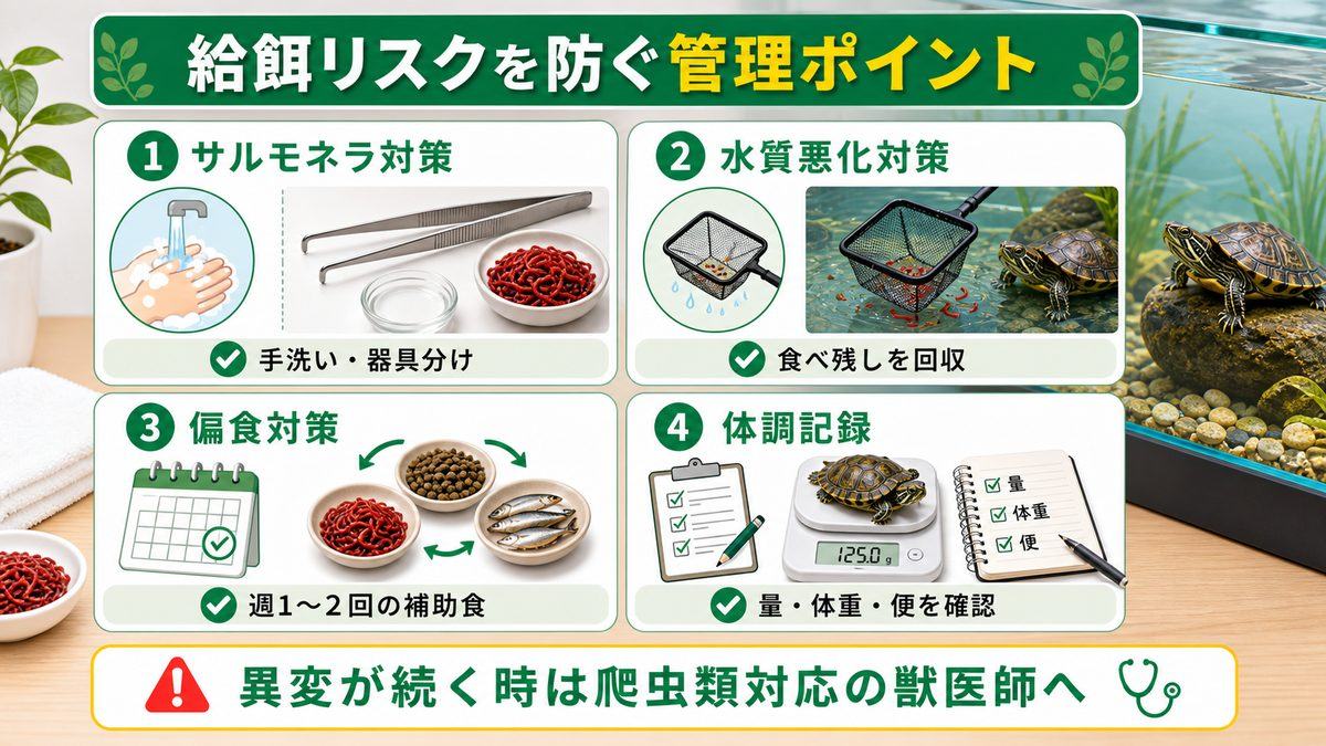 赤虫・イトメ給餌の注意点｜サルモネラ・水質悪化・偏食を防ぐの要点をまとめたカメレオン・爬虫類飼育インフォグラフィック