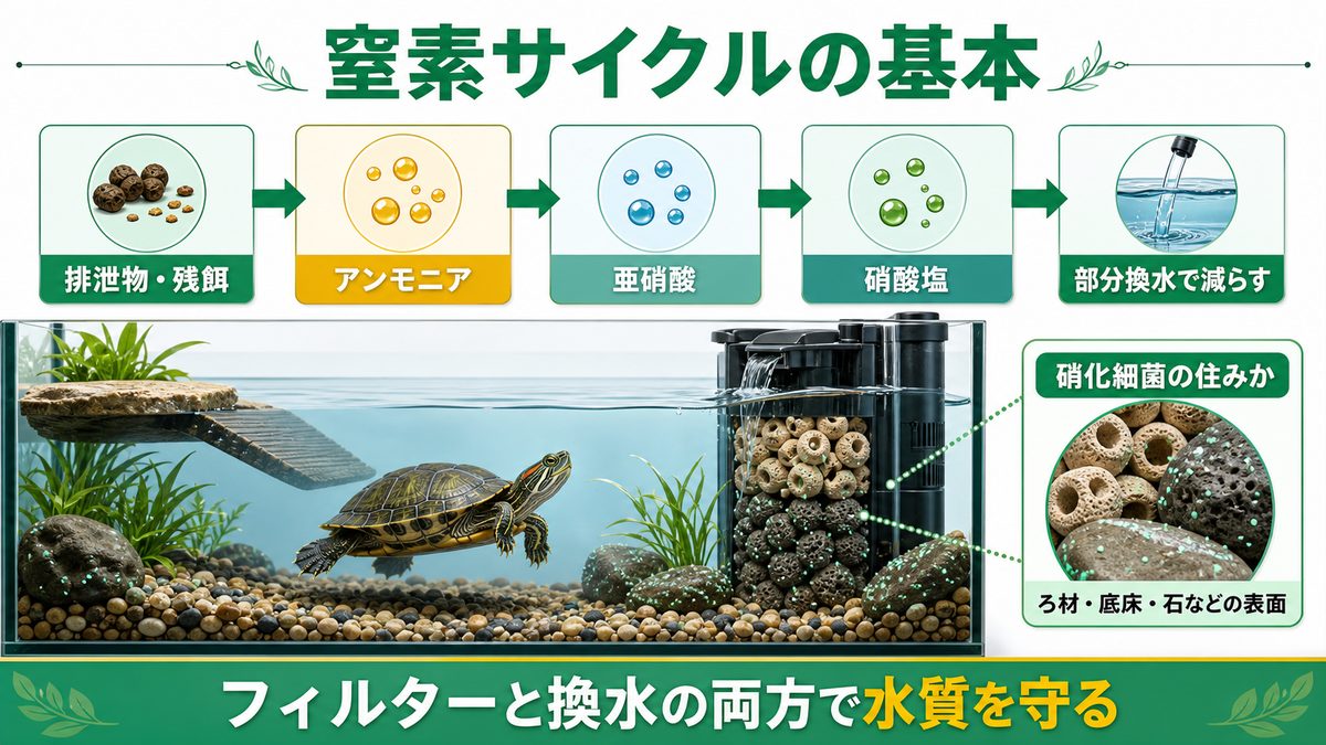 窒素サイクル(ニトロゲンサイクル)とは🔬の要点をまとめたカメレオン・爬虫類飼育インフォグラフィック
