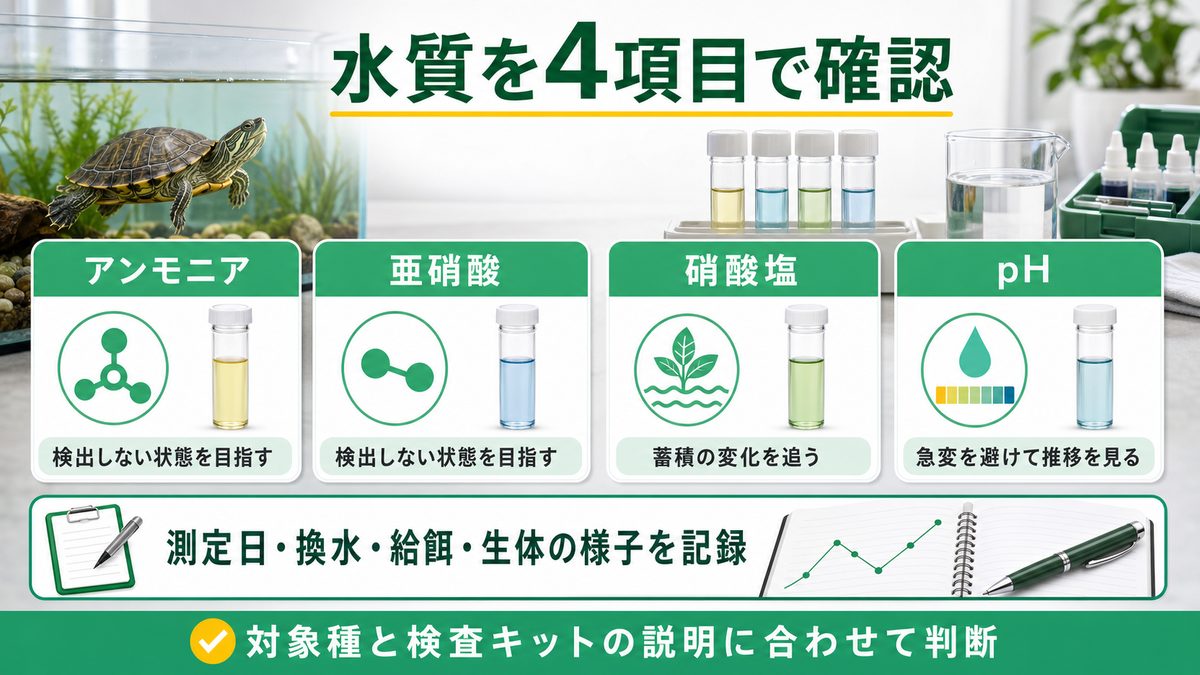 水質パラメーターの目安と管理📊の要点をまとめたカメレオン・爬虫類飼育インフォグラフィック