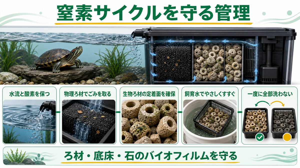 フィルター選びと管理🔧の要点をまとめたカメレオン・爬虫類飼育インフォグラフィック