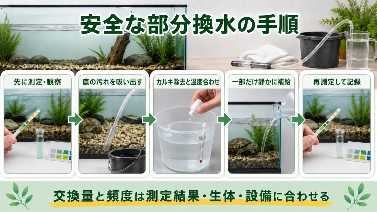 水換えのタイミングと方法💧の要点をまとめたカメレオン・爬虫類飼育インフォグラフィック