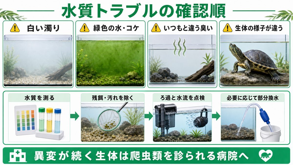 よくある水質トラブルと対策⚠️の要点をまとめたカメレオン・爬虫類飼育インフォグラフィック