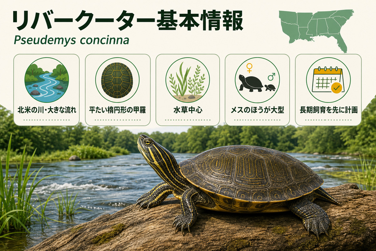 Pseudemys concinna、北米の川、平たい楕円形の甲羅、水草食、雌の大型化と長期飼育計画を示すリバークーターのIMAGE2図解