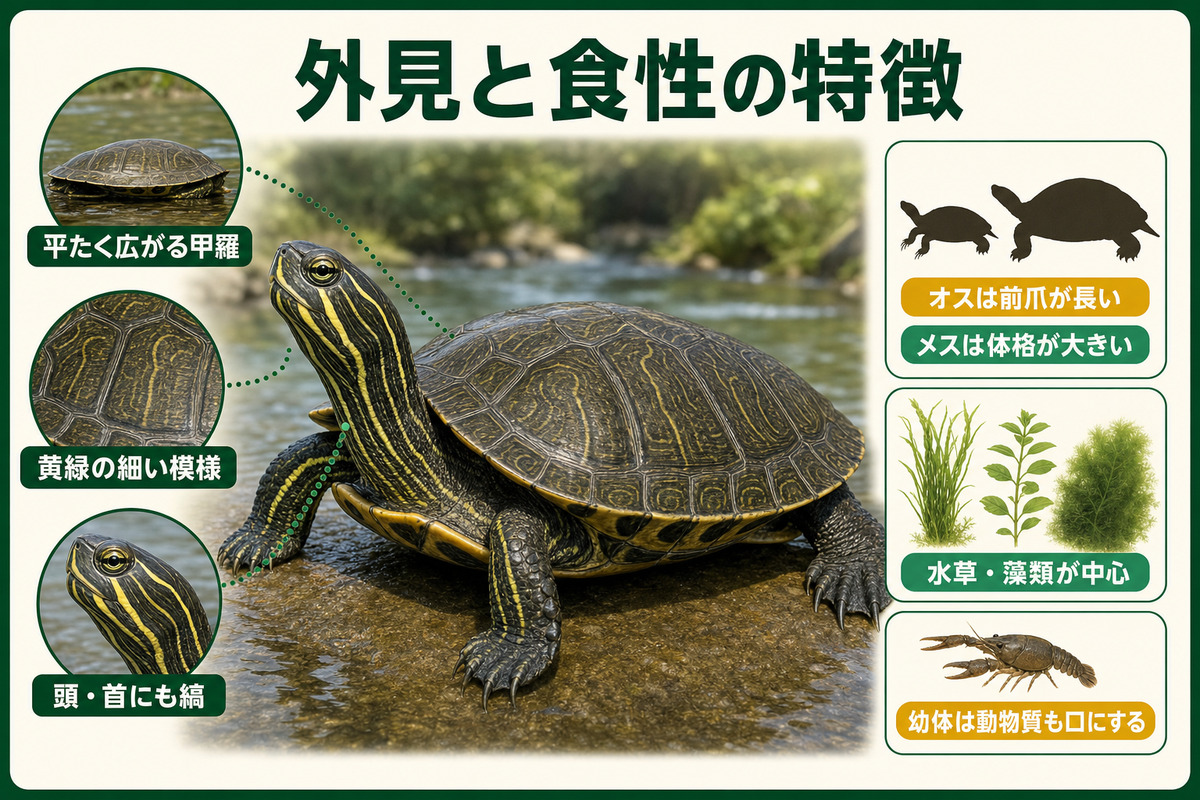 平たい甲羅、黄緑の模様、頭頸部の縞、雌雄差、水草・藻類中心の食性と幼体の動物質摂取を示すリバークーターのIMAGE2図解