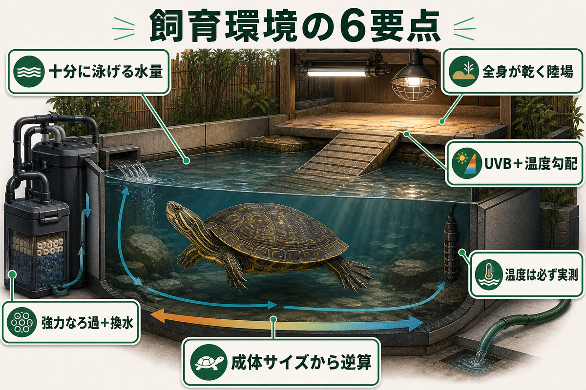 十分な遊泳水量、全身が乾く陸場、UVBと温度勾配、強力なろ過と換水、実測、成体計画を示すリバークーター環境のIMAGE2図解