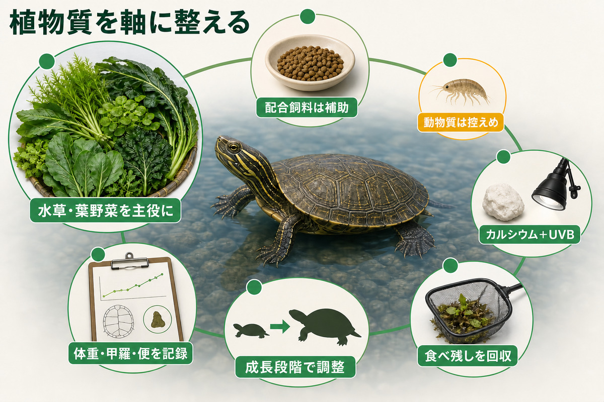 水草・葉野菜、補助的な配合飼料と動物質、カルシウム・UVB、残餌回収、成長段階と記録を示すリバークーター給餌のIMAGE2図解
