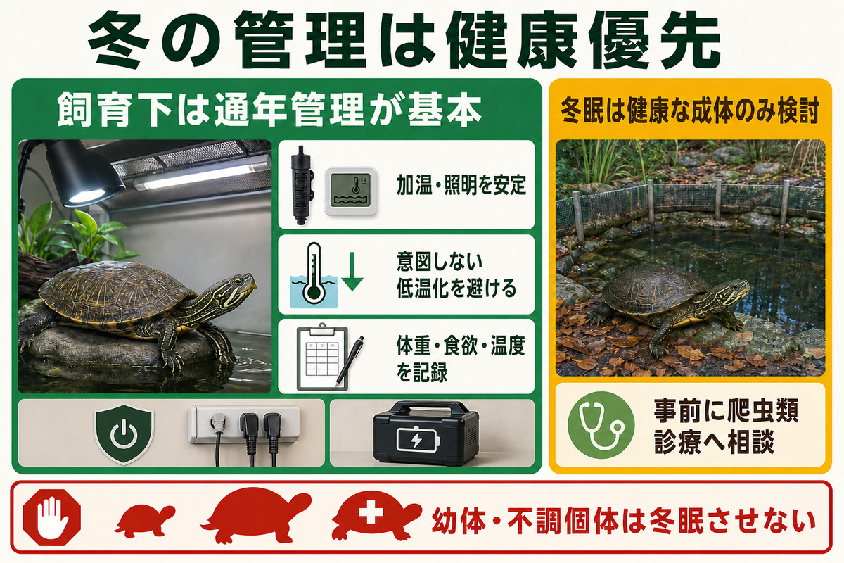安定した通年管理を基本に、冬眠は健康な成体・事前受診・専門管理で検討するリバークーター冬管理のIMAGE2判断図