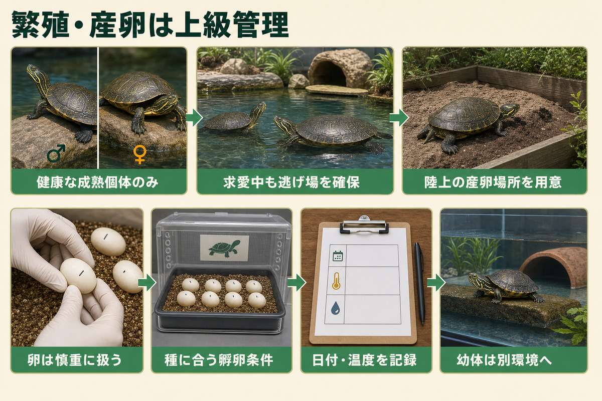 健康な成熟個体、求愛時の逃げ場、陸上産卵場所、慎重な卵管理、種別の孵卵条件、記録、幼体別環境を示すリバークーター繁殖のIMAGE2図解
