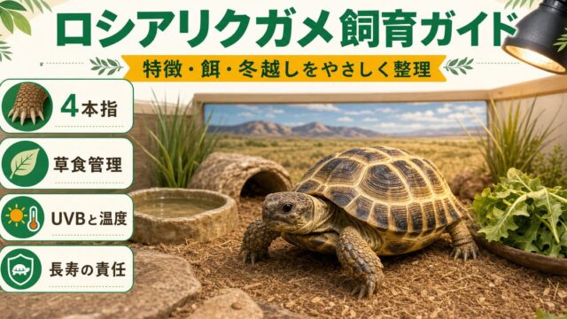 ロシアリクガメ（ホルスフィールドリクガメ）飼育完全ガイド！地中海系小型リクガメの特徴・冬眠・餌・ケージ・寿命を徹底解説の要点を伝えるカメレオン・爬虫類記事アイキャッチ画像