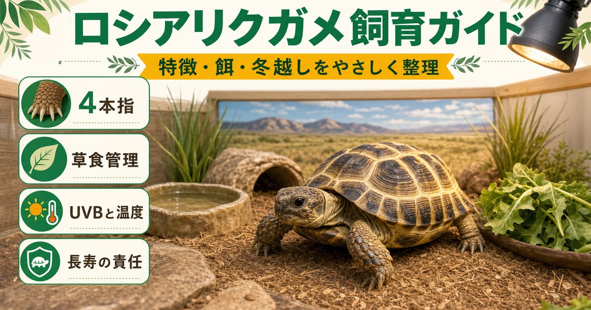 ロシアリクガメの寿命は40〜50年！大きさ・飼育温度・値段｜ホルスフィールドリクガメ完全ガイドの要点を伝えるカメレオン・爬虫類記事アイキャッチ画像