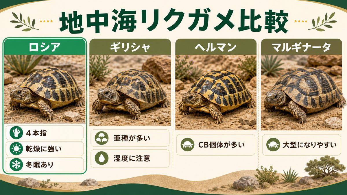 地中海リクガメとの比較——ギリシャ・ヘルマン・マルギナータとの違いを徹底整理の要点をまとめたカメレオン・爬虫類飼育インフォグラフィック
