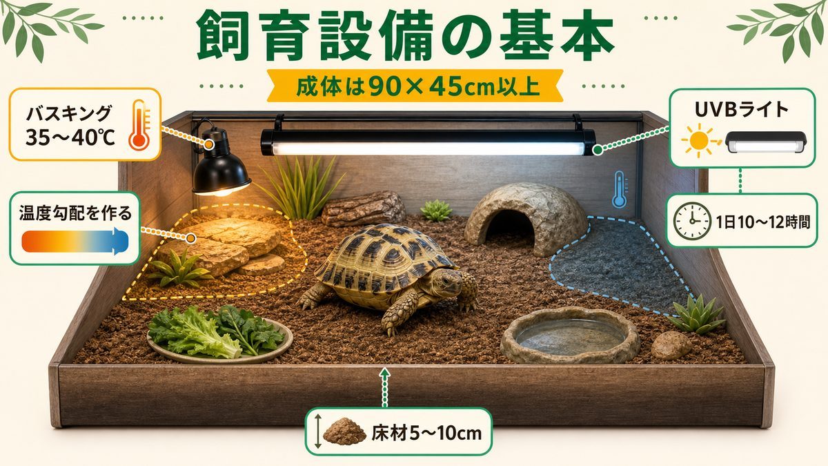 飼育設備——ケージ・UVBライト・バスキングスポットの揃え方の要点をまとめたカメレオン・爬虫類飼育インフォグラフィック