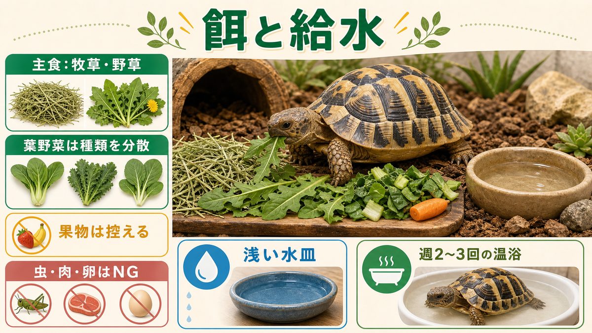 餌——牧草・野菜中心の草食管理と給水のポイントの要点をまとめたカメレオン・爬虫類飼育インフォグラフィック