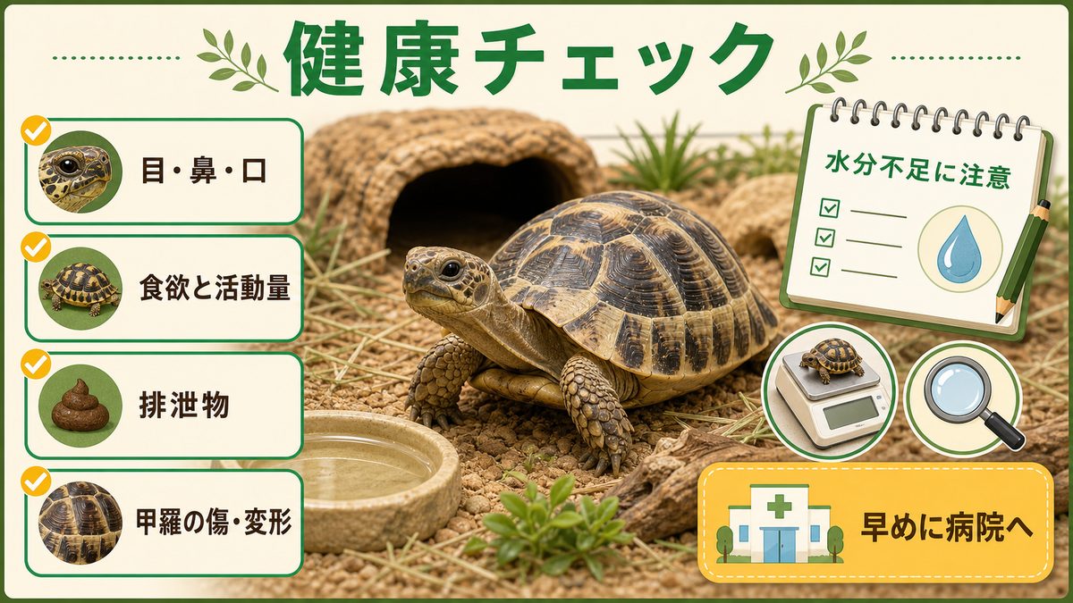 健康管理・よくある病気——見逃せないサインと予防策の要点をまとめたカメレオン・爬虫類飼育インフォグラフィック