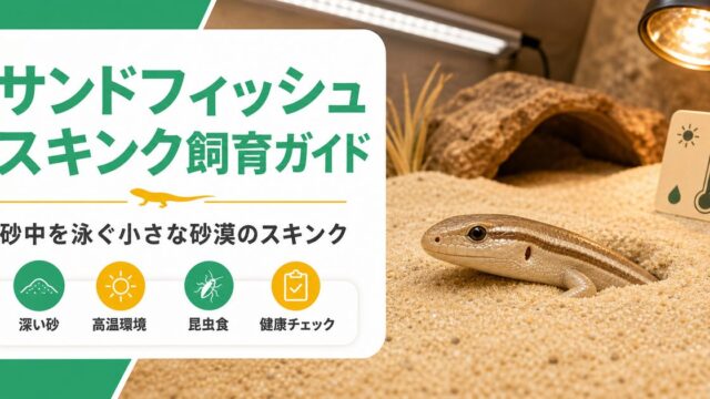 サンドフィッシュスキンク（Scincus scincus）飼育完全ガイド｜砂中を泳ぐサハラの魚トカゲの特徴・飼い方の要点を伝えるカメレオン・爬虫類記事アイキャッチ画像