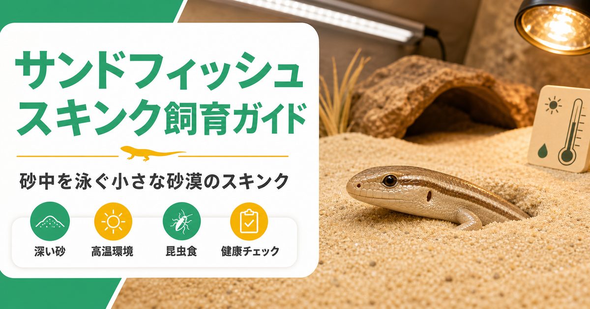 サンドフィッシュスキンク（Scincus scincus）飼育完全ガイド｜砂中を泳ぐサハラの魚トカゲの特徴・飼い方の要点を伝えるカメレオン・爬虫類記事アイキャッチ画像