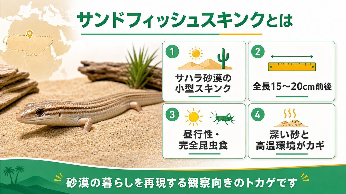 サンドフィッシュスキンクの基本情報の要点をまとめたカメレオン・爬虫類飼育インフォグラフィック