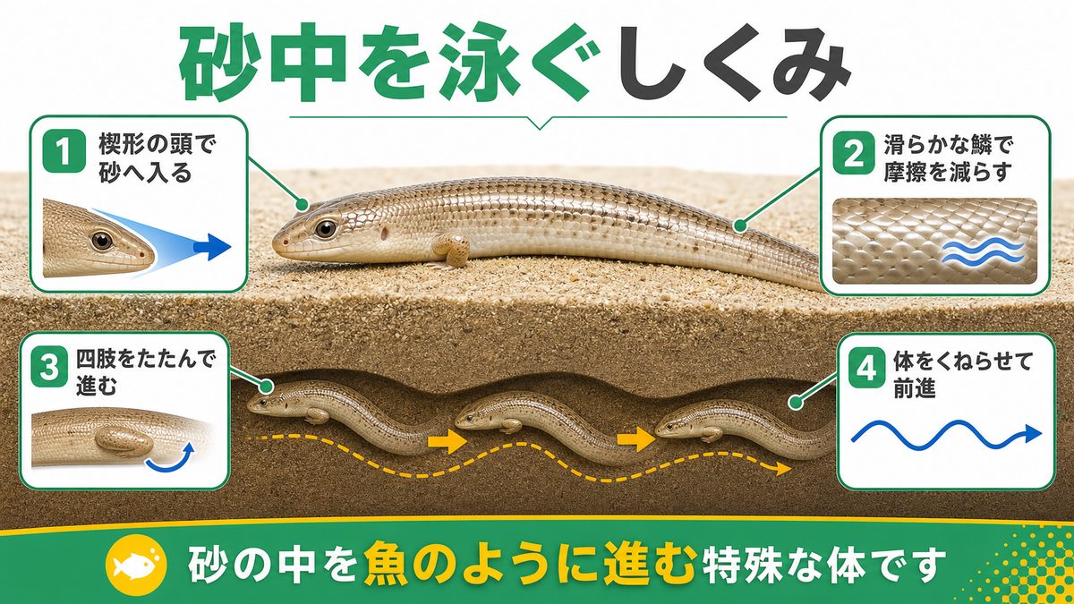 「砂中を泳ぐ」体の構造と研究の要点をまとめたカメレオン・爬虫類飼育インフォグラフィック