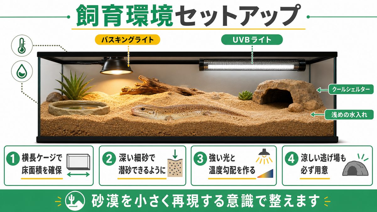 飼育環境のセットアップの要点をまとめたカメレオン・爬虫類飼育インフォグラフィック