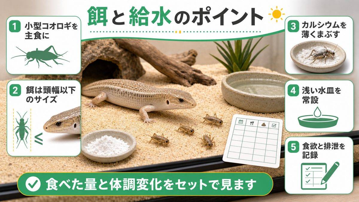 餌と給水の要点をまとめたカメレオン・爬虫類飼育インフォグラフィック