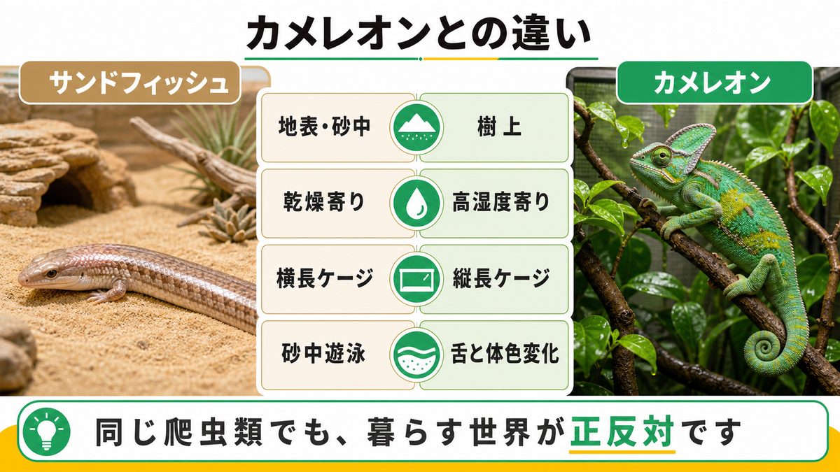 カメレオンとの違いの要点をまとめたカメレオン・爬虫類飼育インフォグラフィック