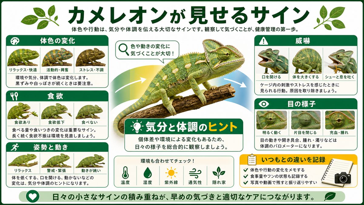 カメレオンが見せるサインについての要点をまとめたカメレオン・爬虫類飼育インフォグラフィック