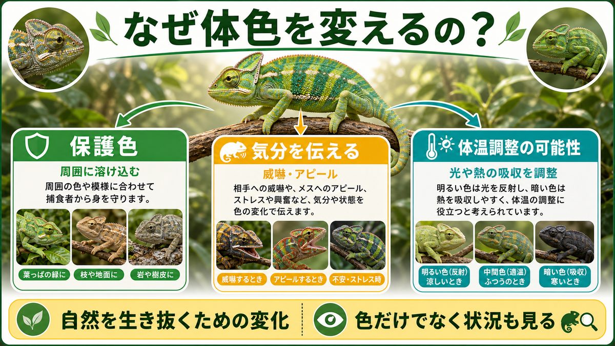 カメレオンはどうして体色を変えるの？の要点をまとめたカメレオン・爬虫類飼育インフォグラフィック
