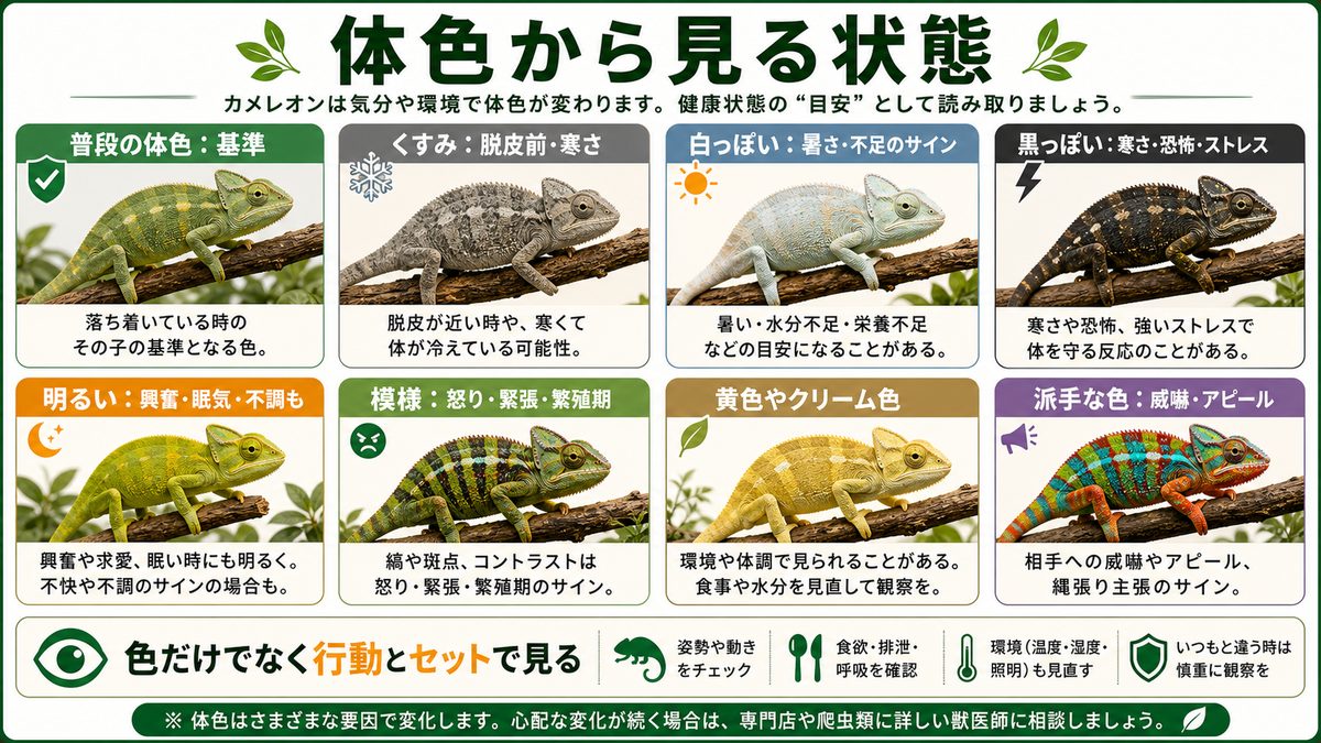 一体何を伝えたい？カメレオンの体色から見る状態の要点をまとめたカメレオン・爬虫類飼育インフォグラフィック