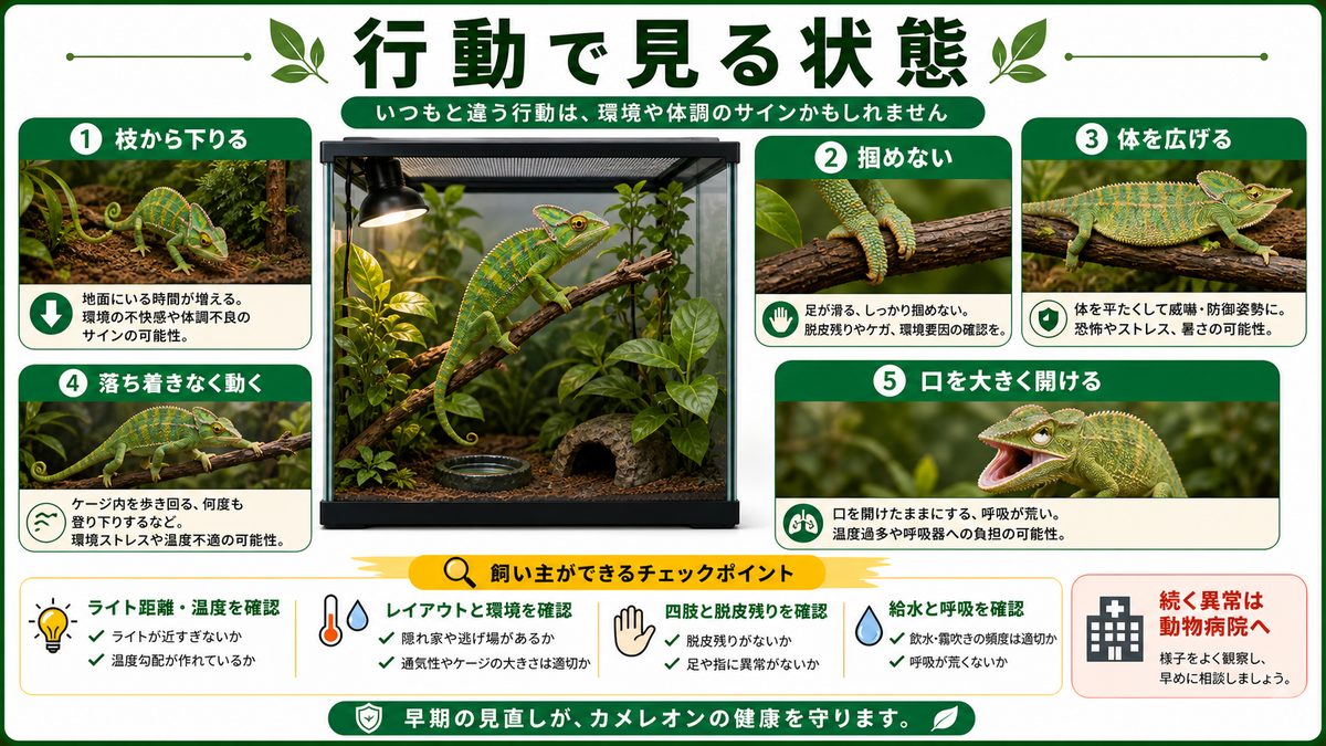 行動で見るカメレオンの状態についての要点をまとめたカメレオン・爬虫類飼育インフォグラフィック